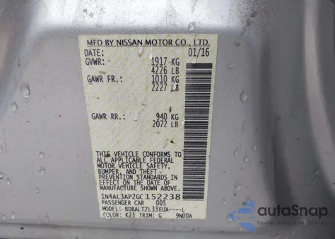 2016 Nissan Altima 2.5 Sl from USA, damaged, VIN 1N4AL3AP2GC152238